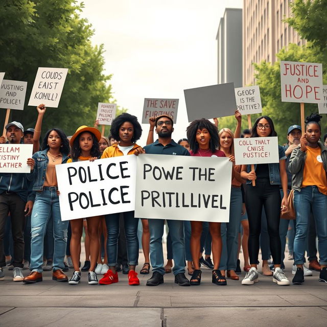 Create a realistic image for a novel cover that focuses on empowerment for victims of police brutality and highlights community struggles through activism