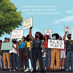 Create a realistic image for a novel cover that focuses on empowerment for victims of police brutality and highlights community struggles through activism