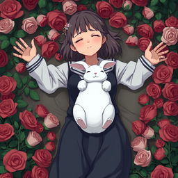 A whole-body view of an older teenage girl in a school uniform laying in a bed of roses with both her arms open