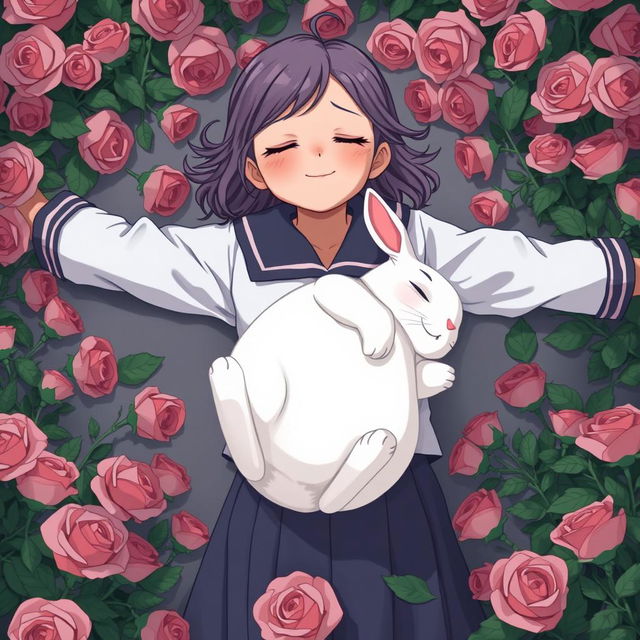 A whole-body view of an older teenage girl in a school uniform laying in a bed of roses with both her arms open