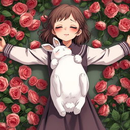 A whole-body view of an older teenage girl in a school uniform laying in a bed of roses with both her arms open