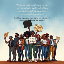 Create a realistic image for a novel cover that focuses on empowerment for victims of police brutality and highlights community struggles through activism