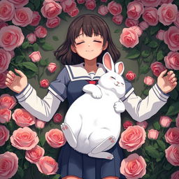 A whole-body view of an older teenage girl in a school uniform laying in a bed of roses with both her arms open