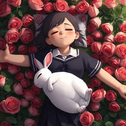 A whole-body view of an older teenage girl in a school uniform laying in a bed of roses with both her arms open