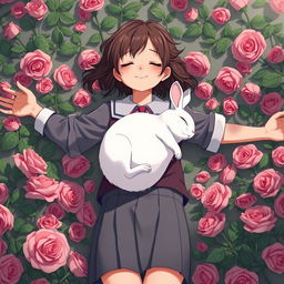 A whole-body view of an older teenage girl in a school uniform laying in a bed of roses with both her arms open