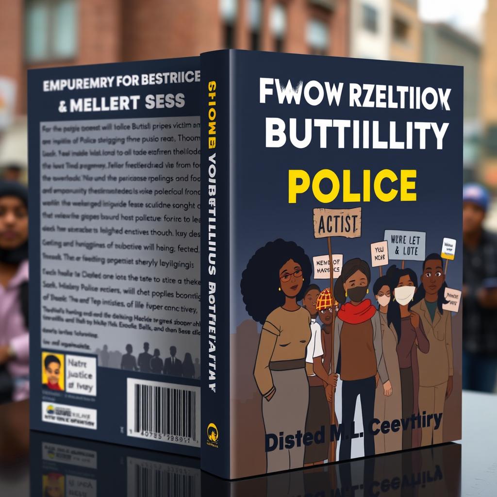 Design a realistic book cover that focuses on empowerment for victims of police brutality and highlights community struggles through activism