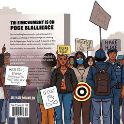 Create a realistic book cover that focuses on empowerment for victims of police brutality and highlights community struggles through activism