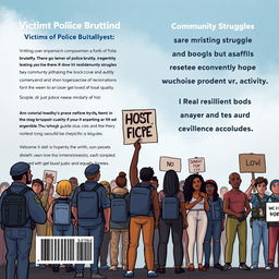 Create a realistic book cover that focuses on empowerment for victims of police brutality and highlights community struggles through activism