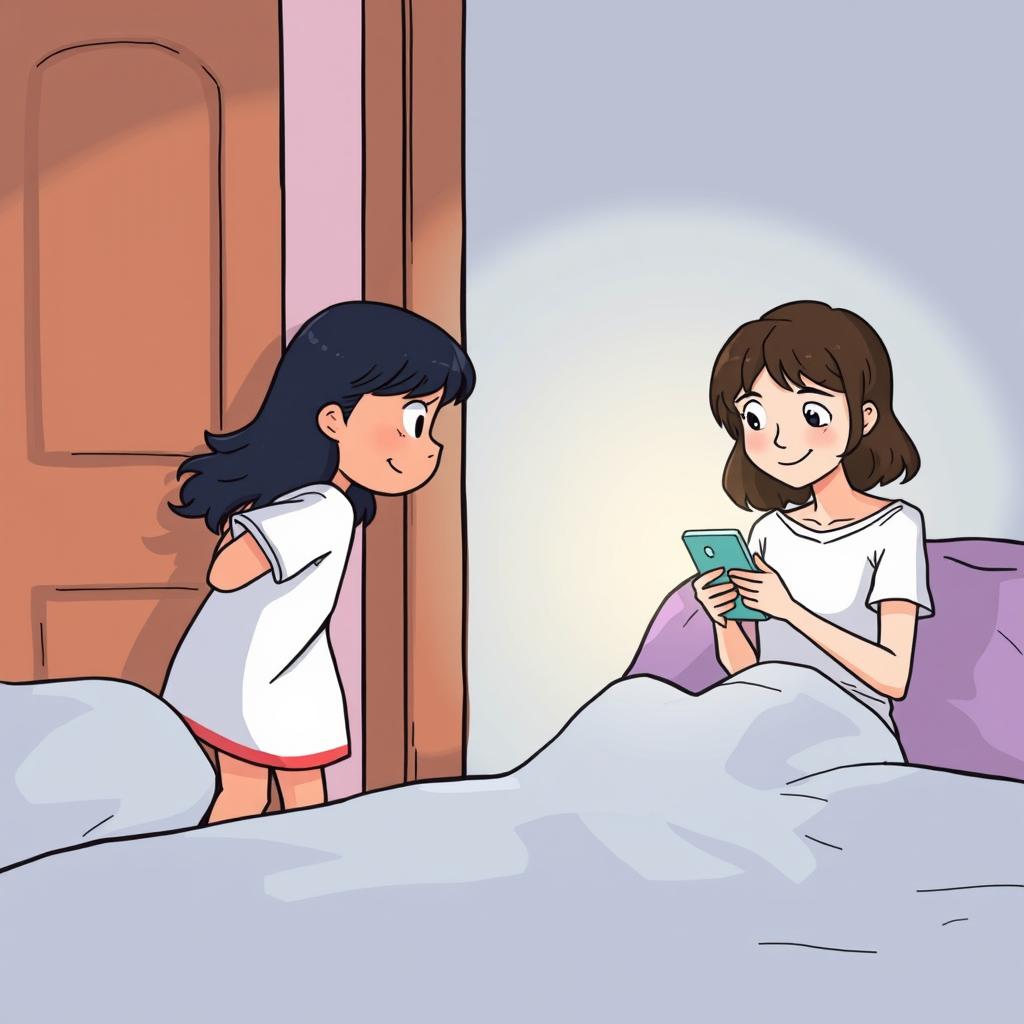 Illustration: Maria knocking on Bia's bedroom door with a hopeful look