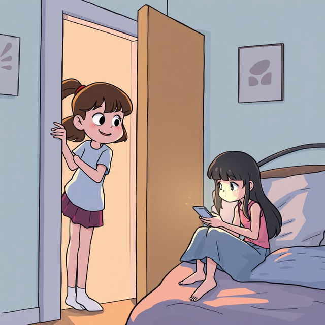 Illustration: Maria knocking on Bia's bedroom door with a hopeful look