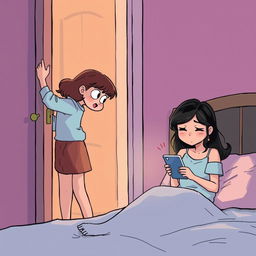 Illustration: Maria knocking on Bia's bedroom door with a hopeful look