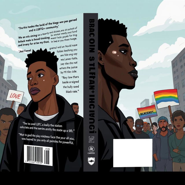 Design a book cover for a novel that addresses the injustices faced by black males and the LGBTQ+ community