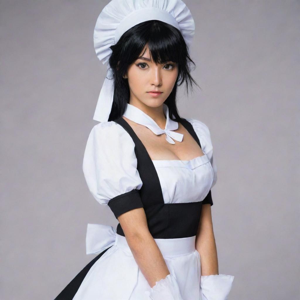 Soi Fon, the renowned character from Bleach, dressed in a stylish and cute maid outfit, maintaining her serious demeanor