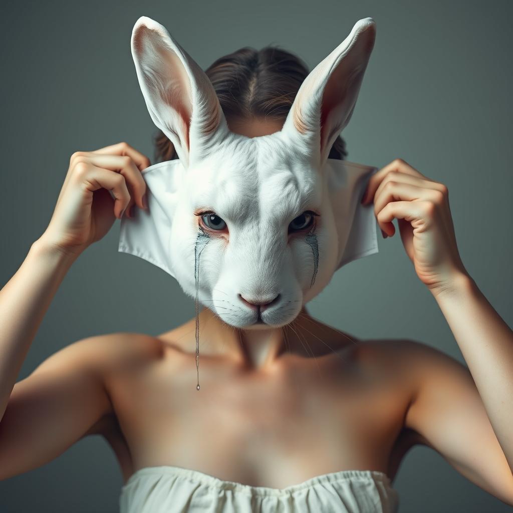 A beautiful young woman with a human body is taking off a human mask, revealing the face of a white rabbit underneath