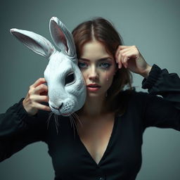 A beautiful young woman with a human body is taking off a human mask, revealing the face of a white rabbit underneath