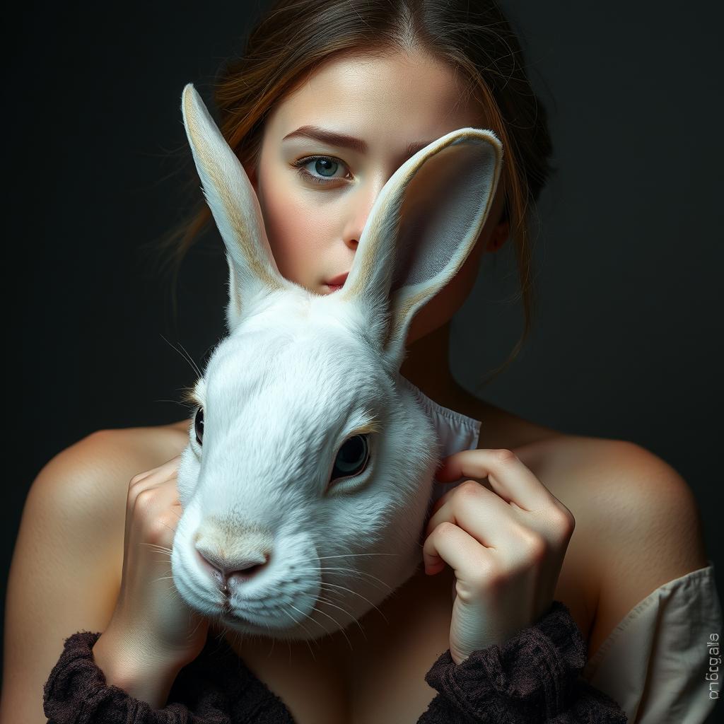 A beautiful young woman with a human body is taking off a human mask, revealing the face of a white rabbit underneath