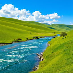 A serene landscape featuring rolling green hills, a clear blue sky with fluffy white clouds, and a sparkling river running through the middle