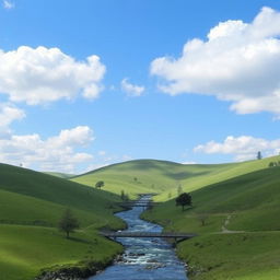 A serene landscape featuring rolling green hills, a clear blue sky with fluffy white clouds, and a sparkling river running through the middle