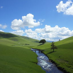 A serene landscape featuring rolling green hills, a clear blue sky with fluffy white clouds, and a sparkling river running through the middle