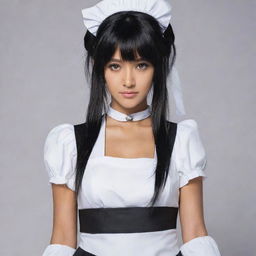 Soi Fon, the renowned character from Bleach, dressed in a stylish and cute maid outfit, maintaining her serious demeanor