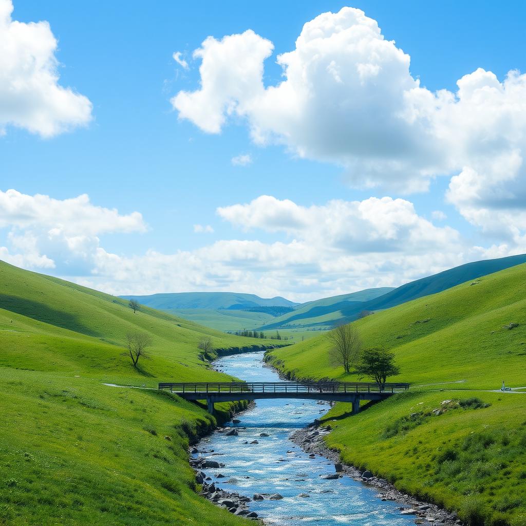 A serene landscape featuring rolling green hills, a clear blue sky with fluffy white clouds, and a sparkling river running through the middle