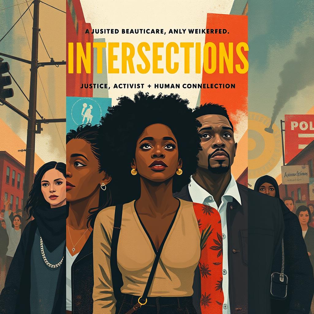 Create a book cover for the novel *"Intersections"* that evokes the themes of justice, activism, and human connection