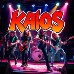 A vibrant and energetic image of a rock band named 'Kaos' performing on stage with electric guitars, drums, and microphones