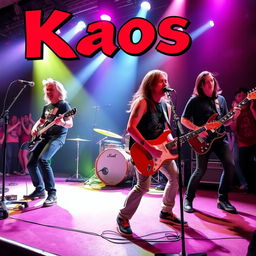 A vibrant and energetic image of a rock band named 'Kaos' performing on stage with electric guitars, drums, and microphones