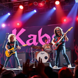 A vibrant and energetic image of a rock band named 'Kaos' performing on stage with electric guitars, drums, and microphones