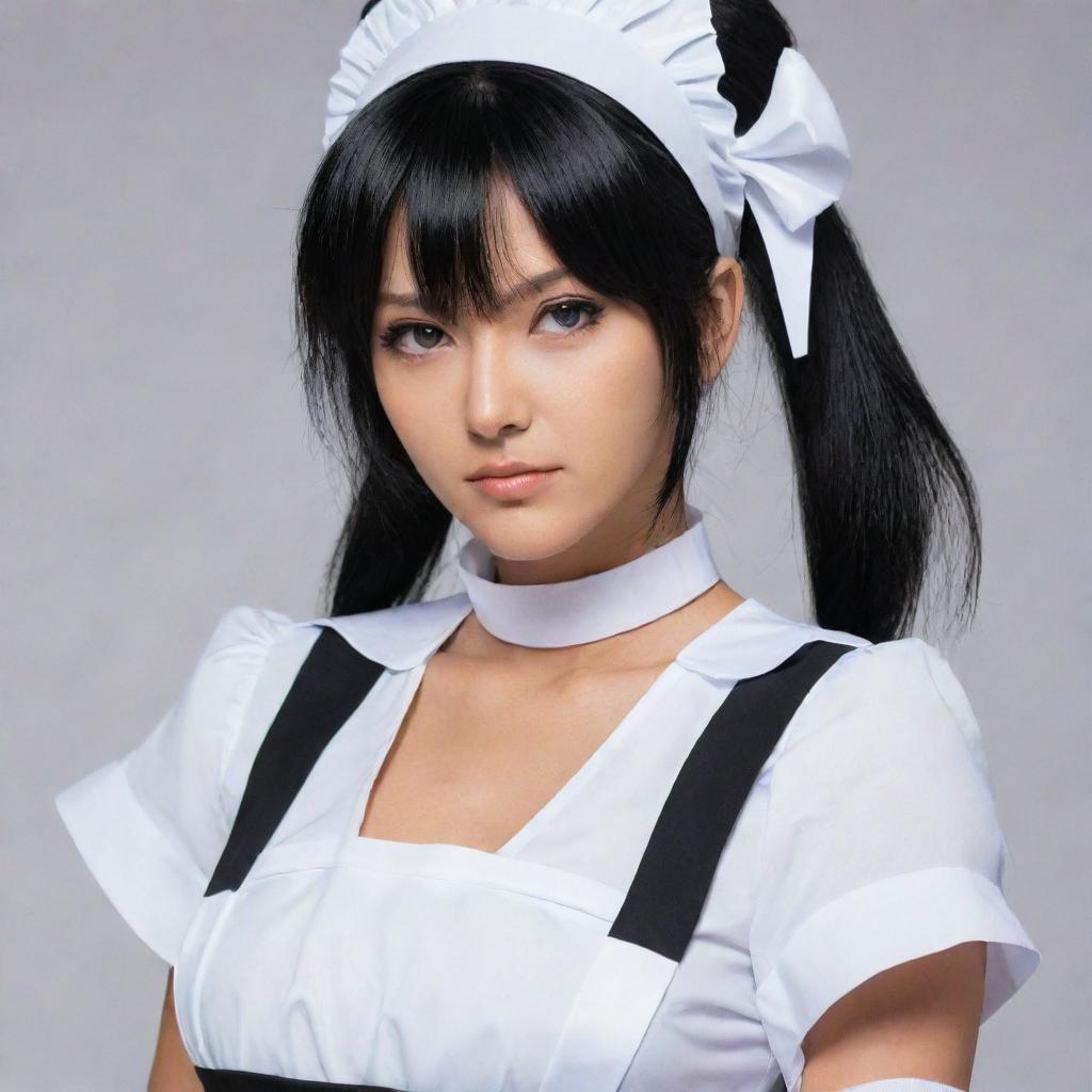 Soi Fon, the renowned character from Bleach, dressed in a stylish and cute maid outfit, maintaining her serious demeanor