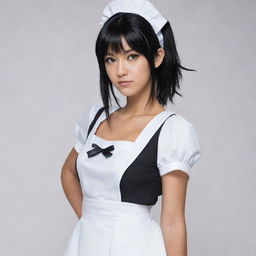 Soi Fon, the renowned character from Bleach, dressed in a stylish and cute maid outfit, maintaining her serious demeanor