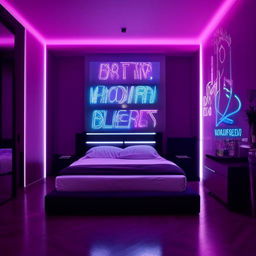 Modern bedroom with trendy and cool decor, featuring a neon sign, platform bed, graphic art on the walls, an array of mood lighting and high-tech furnishings.