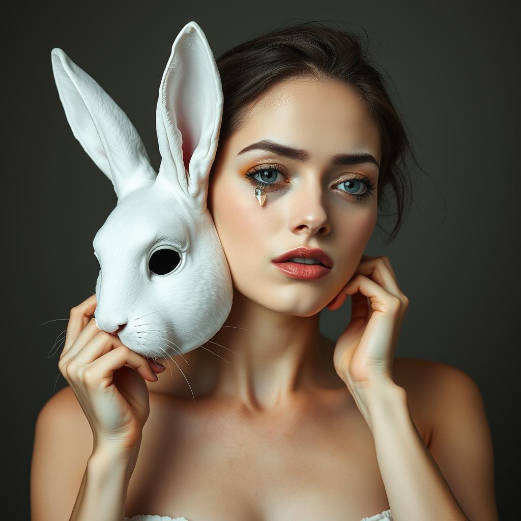 A beautiful young woman with a human body and a white rabbit head is taking off a 'human' mask, revealing her true rabbit face underneath