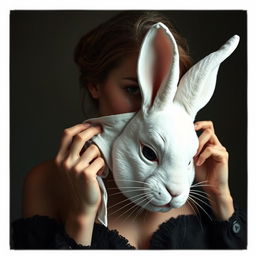 A beautiful young woman with a human body and a white rabbit head is taking off a 'human' mask, revealing her true rabbit face underneath