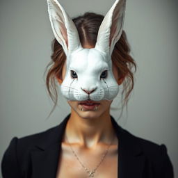 A beautiful young woman with a human body and a white rabbit head is taking off a 'human' mask, revealing her true rabbit face underneath