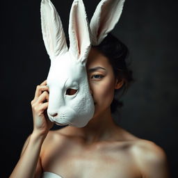 A beautiful young woman with a human body and a white rabbit head is taking off a 'human' mask, revealing her true rabbit face underneath