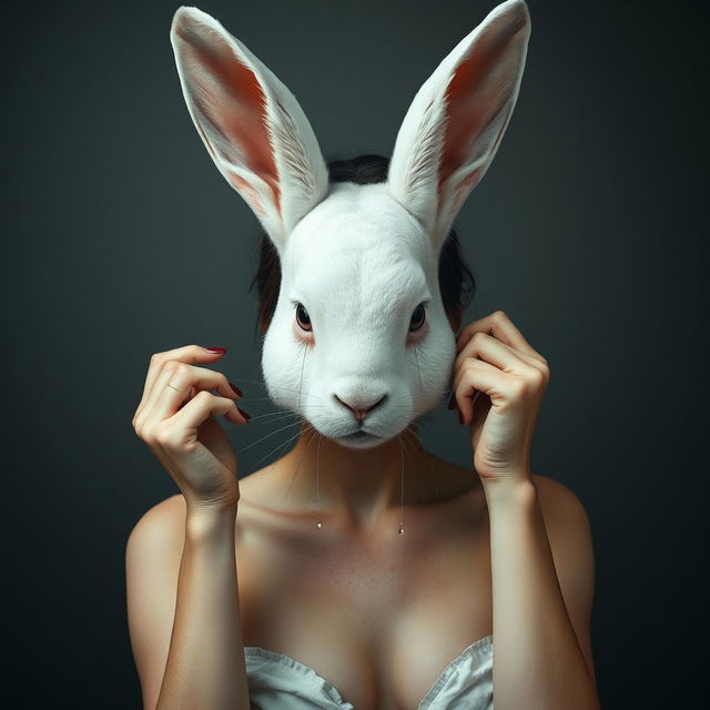 A beautiful young woman with a human body and a white rabbit head is taking off her 'human' mask, revealing her true rabbit face underneath