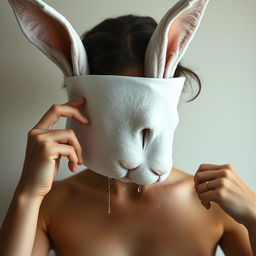 A beautiful young woman with a human body and a white rabbit head is taking off her 'human' mask, revealing her true rabbit face underneath