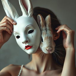 A beautiful young woman with a human body and a white rabbit head is taking off her 'human' mask, revealing her true rabbit face underneath