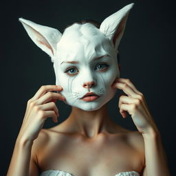 A beautiful young woman with a human body and a white rabbit head is taking off her 'human' mask, revealing her true rabbit face underneath