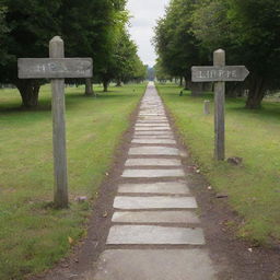 A pathway splitting into two directions. One end leads to a gloomy, shadowy gravesite. The other end leads to a warm, vibrant place filled with joy, sunshine, and life. A signpost is pointing towards the happy place, labeled 'Life'.