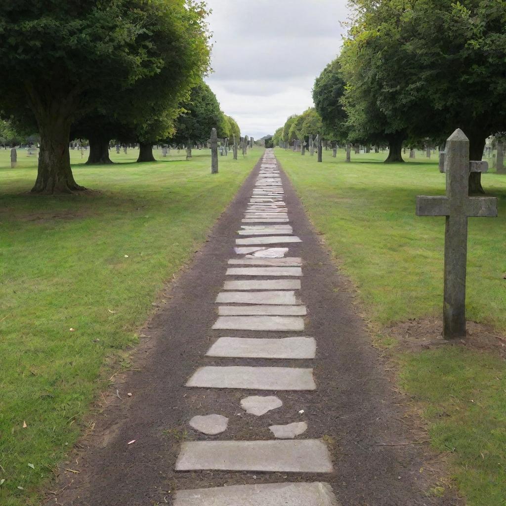 A pathway splitting into two directions. One end leads to a gloomy, shadowy gravesite. The other end leads to a warm, vibrant place filled with joy, sunshine, and life. A signpost is pointing towards the happy place, labeled 'Life'.