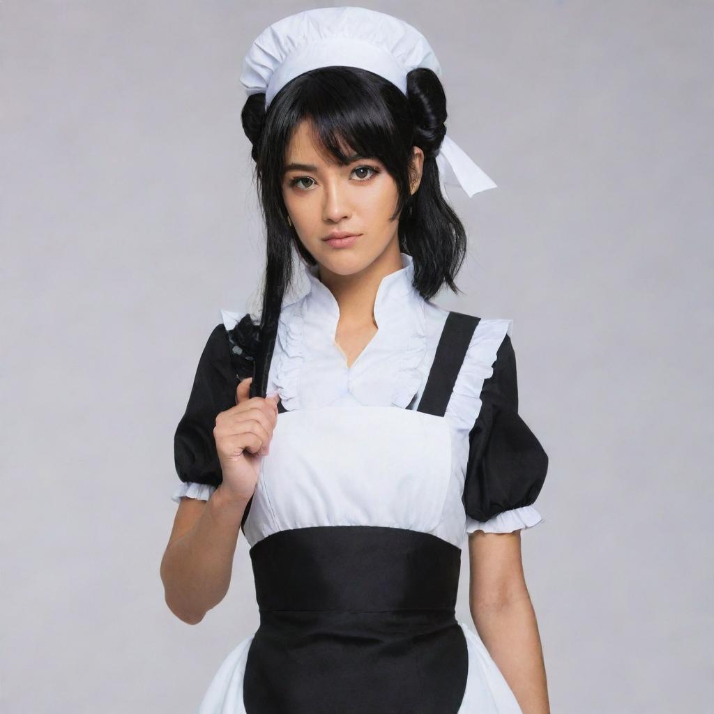 Soi Fon, the fierce warrior from Bleach, wearing an adorable maid outfit, while still embodying her typical serious expression and stealthy posture