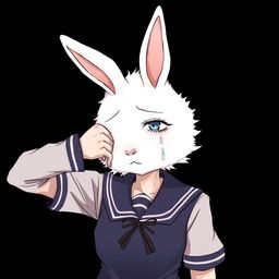 An animated picture of a creature with a white rabbit head grown on a human body, wearing a school uniform