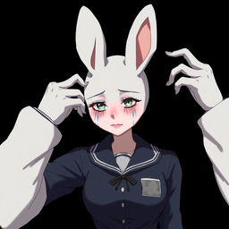 An animated picture of a creature with a white rabbit head grown on a human body, wearing a school uniform