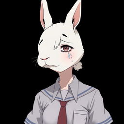 An animated picture of a creature with a white rabbit head grown on a human body, wearing a school uniform