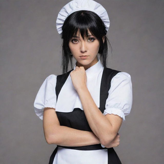 Soi Fon, the fierce warrior from Bleach, wearing an adorable maid outfit, while still embodying her typical serious expression and stealthy posture