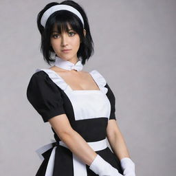 Soi Fon, the fierce warrior from Bleach, wearing an adorable maid outfit, while still embodying her typical serious expression and stealthy posture