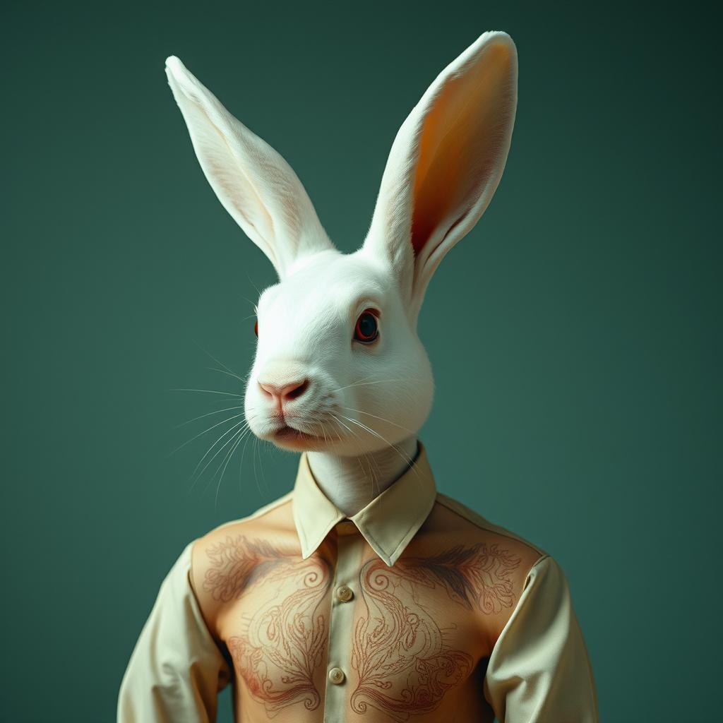 A surreal image featuring a creature with a white rabbit head grown on a human body