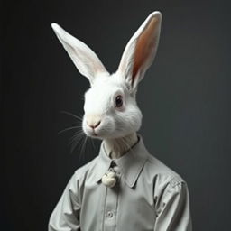 A surreal image featuring a creature with a white rabbit head grown on a human body